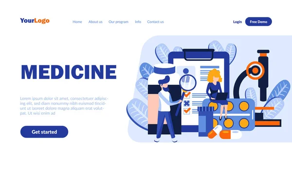 Medicina modelo de landing page plana com cabeçalho. Exame de saúde e diagnóstico web banner, design da página inicial. Ilustração de vetores de pesquisa médica e farmacêutica. Conceito de saúde —  Vetores de Stock