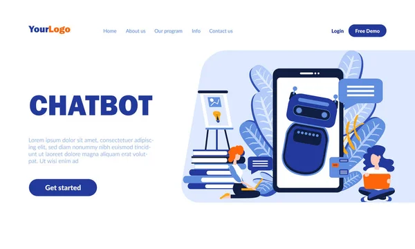 Chatbot flat kezdőlap sablon fejléccel. Online támogatás, dialógus súgó szolgáltatás web banner, honlap tervezés. Robot asszisztens mobil app vektor illusztráció. Virtuális kommunikációs koncepció — Stock Vector