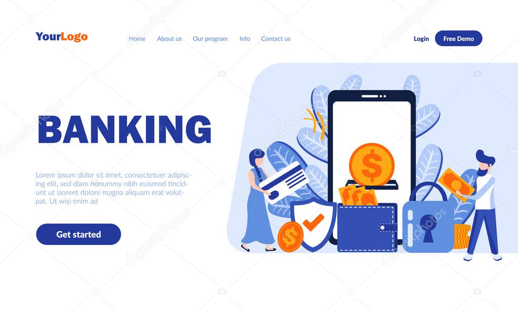Banking flat landing page template with header. Financial online service web banner, homepage design. E-pay, contactless payments vector illustration. Personal bank account, e-commerce concept