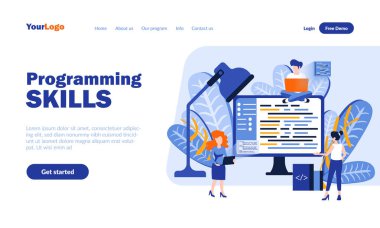 Programlama becerileri indirme sayfası şablonu başlık ile. Yazılım geliştirme web afişi, düz resimli ana sayfa tasarımı. Programcılar çizgi film karakterleri. Web kodlama kavramı