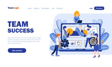 Takım başarısı basamaklı iniş sayfası şablonu. İş ortaklığı, hedef başarısı web afişi, ana sayfa tasarımı. Personel işbirliği vektör illüstrasyonu. Uyumlu iş sonuç kavramı
