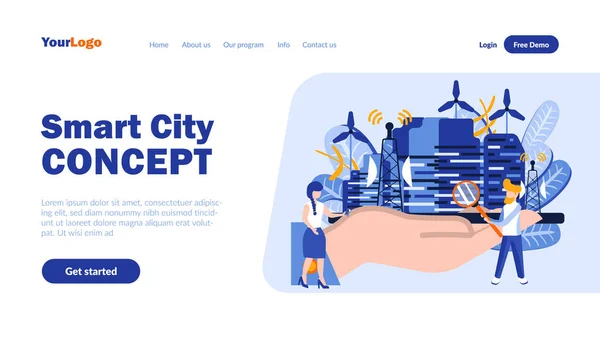 Smart city koncepció vektor kezdőlap sablon fejléccel. Szoftver modell, high-tech városi web banner, honlaptervezés lapos illusztrációkkal. Innovatív technológiafejlesztési koncepció — Stock Vector