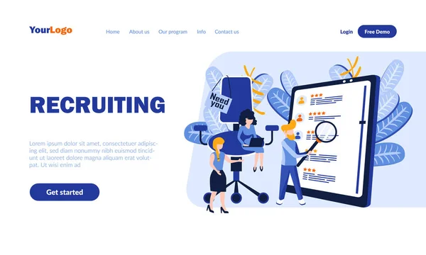 Plantilla de landing page plana de trabajo de agencia de reclutamiento con encabezado. Banner web del servicio de empleo, diseño de página de inicio. Ilustración vectorial Headhunting. Búsqueda de personal, concepto de contratación de personal — Vector de stock