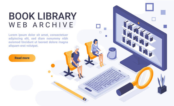 Шаблон целевой страницы библиотеки книги с изометрической иллюстрацией. Интерфейс домашней страницы веб-архива с изометрией. Цифровая библиотека. Онлайн информационный центр 3D идея дизайна веб-страницы

