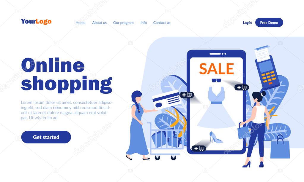 Online shopping vector landing page template with header. Discount mobile app web banner, homepage design with flat illustrations. Buyers cartoon characters. Sale, internet purchase concept