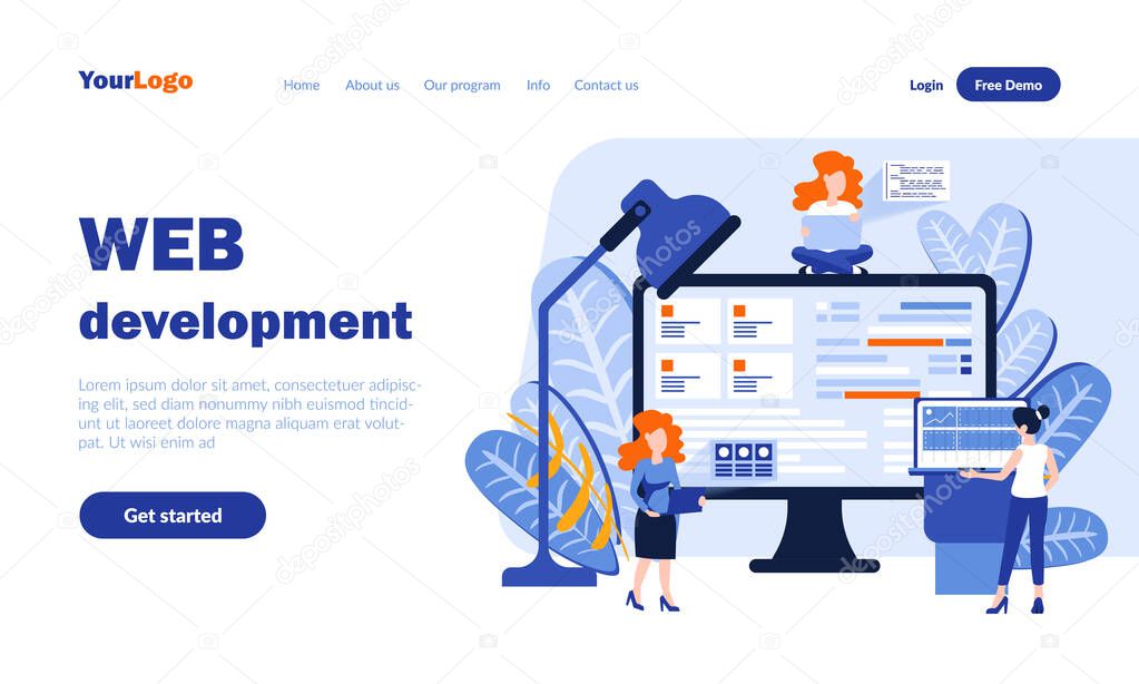 Web development vector landing page template with header. Online business web banner, homepage design with flat illustrations. Internet users, managers cartoon characters. SEO concept