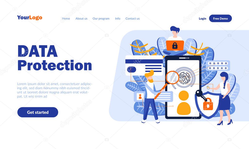 Data protection flat landing page template with header. Information security web banner, homepage design. Code, password, fingerprint scanner vector illustration. Secure access concept