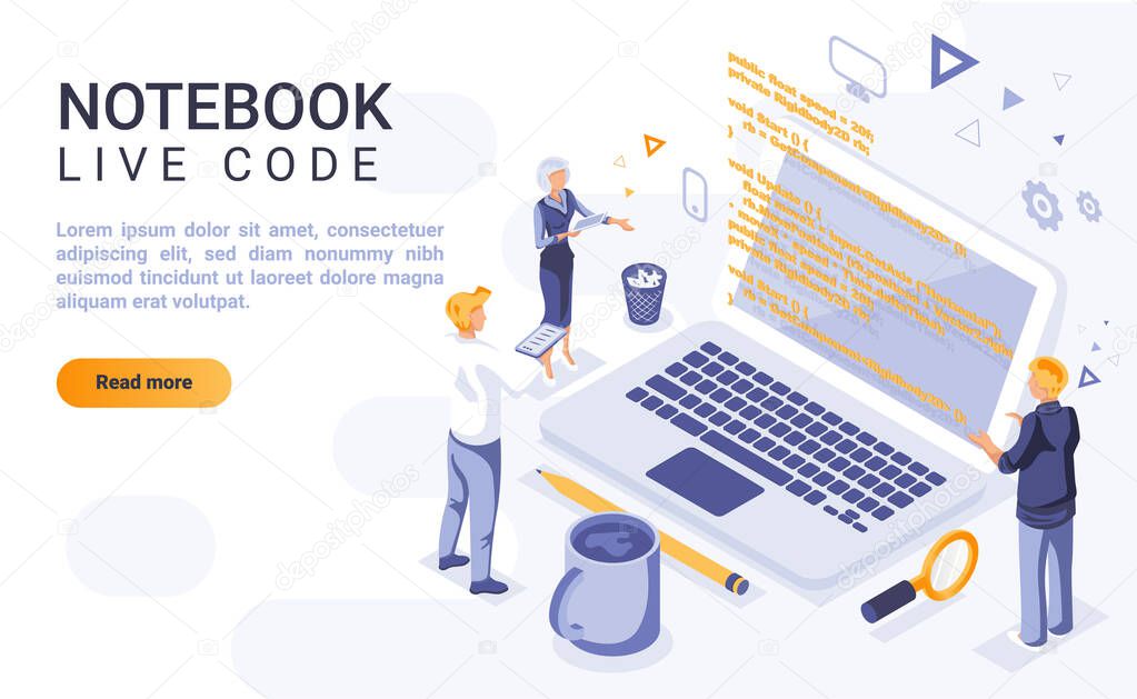 Notebook live code landing page vector template with isometric illustration. Interactive computer programming homepage interface layout with isometry. Software development 3d webpage design idea
