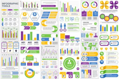 Bilgisel elemanları paketle. Veri görselleştirme vektör tasarım şablonu. Adımlar, iş süreçleri, iş akışı, diyagram, akış şeması, zaman çizelgesi, pazarlama simgeleri, bilgi grafikleri için kullanılabilir.