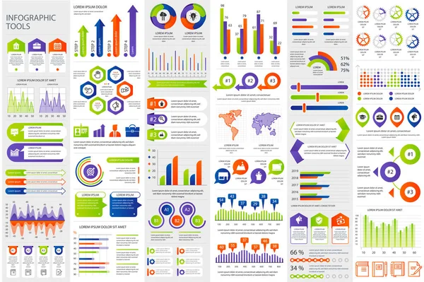 Paquete de elementos infográficos plantilla de diseño vectorial visualización de datos. Se puede utilizar para pasos, procesos de negocio, flujo de trabajo, diagrama, concepto de diagrama de flujo, línea de tiempo, iconos de marketing, gráficos de información . — Archivo Imágenes Vectoriales