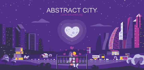 Vector illustration in simple flat style - romantic city landscape with couple in love - abstract valentine day banner and love background with copy space for text - header image for landing page.