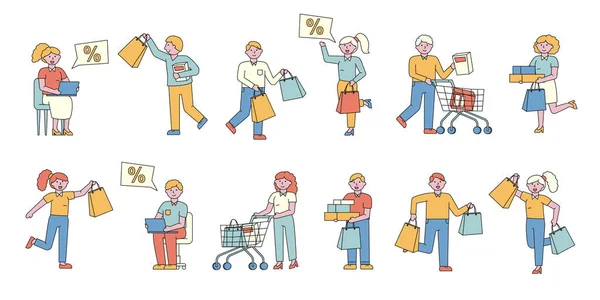 Shoppers flat charers set. Happy people, shopaholics buying goods and gifts on sale cartoon illustrations pack. Product purchase. Online shopping discount offers. Buyers with supermarket carts — Stock Vector