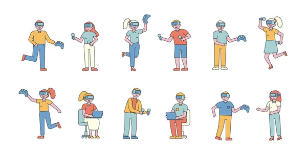 Män och kvinnor i Vr hjälmar platt charers set. Människor som bär virtuell verklighet glasögon tecknad illustrationer pack. Spelare i högteknologiska headset njuter av ny spelarteknik. Testar Ar-prylar — Stock vektor