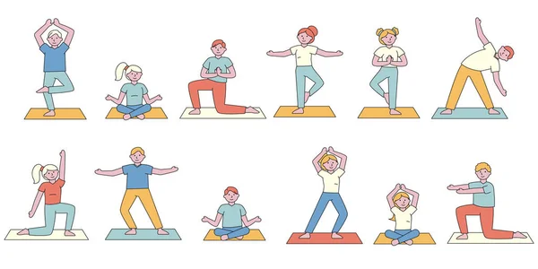 Студенты йоги плоские коляски. Люди ценят разные асаны на карикатурах. Тело растягивается. Йоги медитирует в позе лотоса. Гибкость и сбалансированность подготовки спортсменов — стоковый вектор