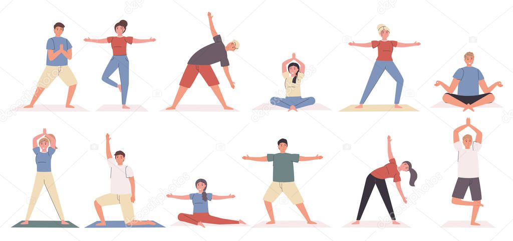 Yoga poses and exercises flat vector illustrations set. Sport and relaxation, healthy lifestyle. Yogi cartoon characters, people in different asanas bundle isolated on white background