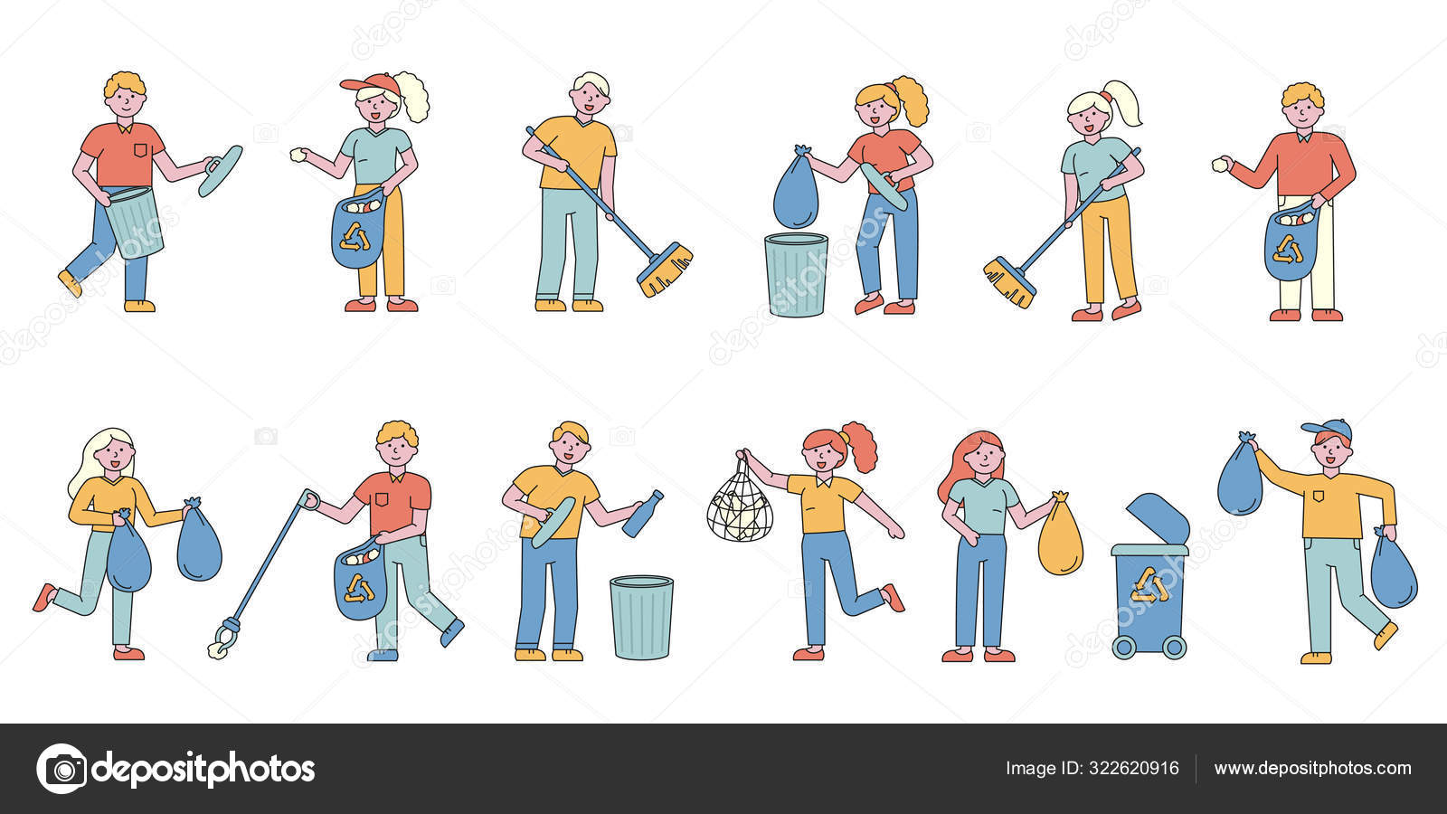 Garbage collecting flat charers set. People sorting glass and plastic  litter in containers cartoon illustrations pack. Trash recycling. Waste  management , environmental pollution control Stock Vector Image by  ©alexdndz #322620916