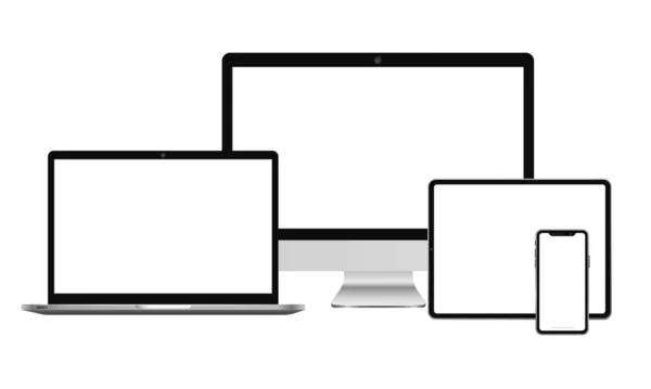 Gerçekçi bilgisayar monitörü, akıllı telefon, dizüstü bilgisayar ve tablet bilgisayar tasarımı modeli. Boş ekran izole şablonlara sahip cep telefonu çerçevesi. Vektör mobil aygıt kavramı.
