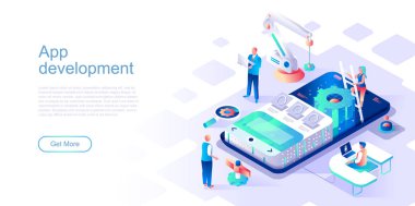 Uygulama geliştirme iniş sayfası şablonu. Mobil aygıt yazılım programlama web sitesi başlığı Ui düzeni ve izometrik illüstrasyon. Gadget uygulama kodlama web flaması izometri kavramı