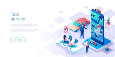 Taksi servisi iniş sayfası şablonu. Şehir ulaşımı çağrı web sitesi başlığı Ui düzeni ve izometrik illüstrasyon. Arabayla hızlı bir gezi, gidilecek yer web afişi izometri konsepti