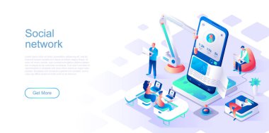 Sosyal ağ iniş sayfası şablonu. Çevrimiçi dijital blog profili web sitesi başlığı Ui düzeni ve izometrik illüstrasyon. Ağ stratejisi, Smm ve Seo web pankartı izometri kavramı