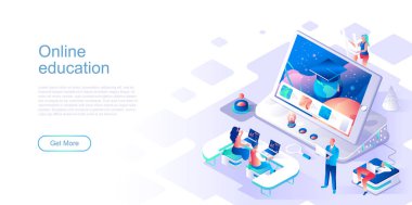 Online eğitim iniş sayfası vektör şablonu. Uzak akademik sınıf web sitesi başlığı Ui düzeni ve izometrik illüstrasyon. Öğrenciler için atama ve inceleme web banner izometri kavramı