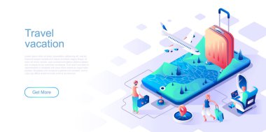Seyahat tatili iniş sayfası şablonu. Bavul web sitesi başlığıyla uluslararası yolculuk izometrik illüstrasyonlu Ui düzeni. Turizm ve macera web pankartı izometri kavramı