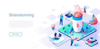İniş sayfası şablonu beyin fırtınası. Şirket stratejisi planlama web sitesi başlığı Ui düzeni ve izometrik illüstrasyon. Yaratıcı düşünme ve hayal gücü web pankartı izometri kavramı