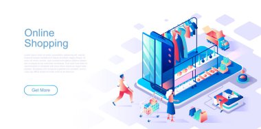 Online alışveriş iniş sayfası vektör şablonu. Moda butiği, giysi ve giysi mağazası web sitesi başlığı Ui 'nin başlığı ve izometrik çizim. Bakkal ve tüketicilik web pankartı izometri kavramı