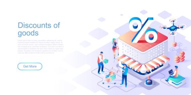 Mal indirme sayfası vektör şablonu indirimi. Mevsimsel fiyat azaltma web sitesi başlığı Ui düzeni ve izometrik illüstrasyon. Sınırlı ürün tanıtımı kampanyası web pankartı izometri kavramı