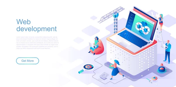 Modelo de vetor de landing page de desenvolvimento web. usabilidade do programa e layout de interface de cabeçalho do site de desempenho com ilustração isométrica. Fullstack engenharia aplicativo, devops web conceito de isometria banner — Vetor de Stock