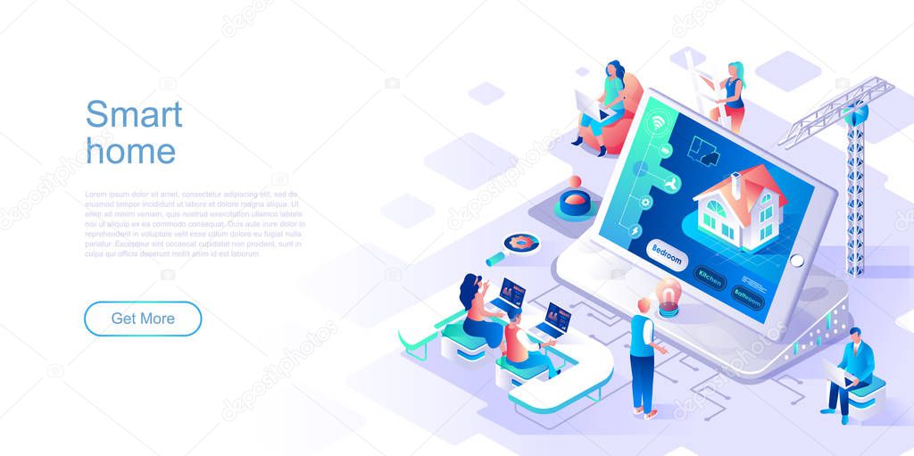 Smart home landing page vector template. Automated house control system website header UI layout with isometric illustration. Wireless controller on tablet display web banner isometry concept