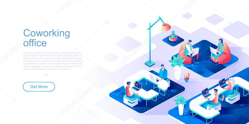 Coworking office landing page vector template. Freelance startup team website header UI layout with isometric illustration. Professional meeting in workplace web banner isometry concept