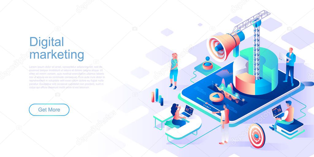 Digital marketing landing page vector template. Target advertising content website header UI layout with isometric illustration. Viral trend, e-commerce campaign web banner isometry concept