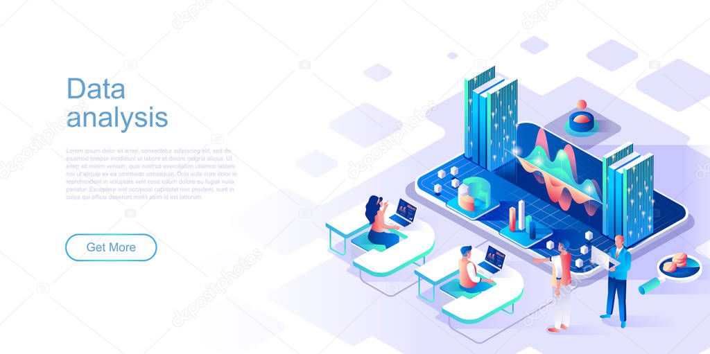 Data analysis landing page vector template. Information chart and graph website header UI layout with isometric illustration. Accounting report, financial presentation web banner isometry concept