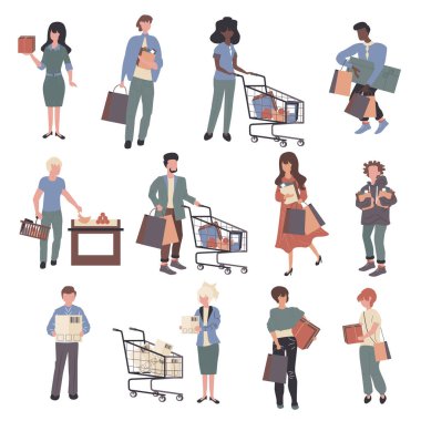 Müşteriler, alışveriş düşkünleri çizgi film karakterleri seti. Gençler, alışveriş torbaları ve düz vektör çizelgeleri olan alıcılar. Alış veriş yapan müşteriler. Tüketim tasarım elementleri