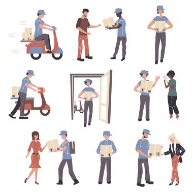 Postane çalışanları ve müşteri karakterleri ayarlandı. Paketler teslimat servisi düz vektör çizimleri paketi. Paket alan gençler. Kuryeler müşterilere siparişleri iletiyor.