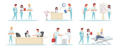 Klinik personeli, çizgi film karakterleri seti. Hastane personeli, sağlık sektörü çalışanları düz vektör çizimleri. Profesyonel doktorlar, doktorlar, hemşireler. Tıp fakültesi öğrencisi