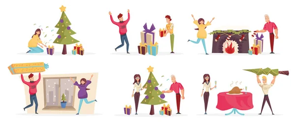 Glada människor firar jul tecknad karaktär set. Spännande män och kvinnor förbereder sig för semester platt vektor illustrationer pack. Glada par dekorera julgran och dela presenter — Stock vektor