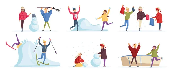 Människor som har vinter roliga seriefigurer set. Vintertid fritidsaktiviteter platt vektor illustrationer pack. Glada vänner att göra snögubbe, skidåkning, spela snöbollar, shoppa och åka skridskor — Stock vektor