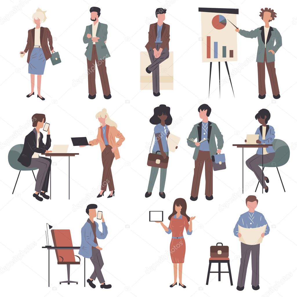 Businessmen and businesswomen cartoon characters set. Successful business people in formal clothes flat vector illustrations pack. Office workers, company employees, young entrepreneurs
