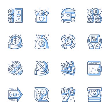 Para, bankacılık servisi doğrusal vektör simgeleri ayarlandı. Dolar ve Avro değişimi, Payman Hattı sembolleri izole edilmiş paket. Para insan elinde, ödeme, cüzdan ince çizgili çizimler koleksiyonu
