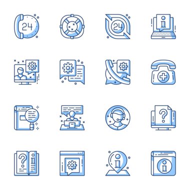 Müşteri hizmetleri, çevrimiçi destek lineer vektör simgeleri ayarlandı. 24 saat çağrı merkezi, internet yardımı, sohbet sembolleri izole edilmiş paket. Faq, yardım hattı operatörü ince çizgi çizimleri koleksiyonu