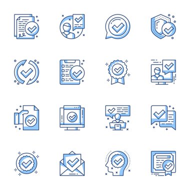 Sertifika, yasal belgeleri garantileyin. Doğrusal simgeler ayarlandı. Onaylandı, onaylandı, kabul edildi, semboller izole edildi. İşaretli ince çizgi çizimleri koleksiyonu ile sertifikalı garanti