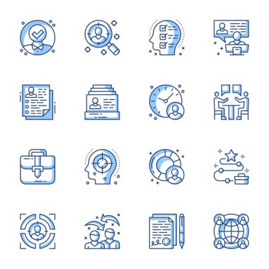 İşe alım, iş görüşmesi lineer simgeler ayarlandı. İş gücü, insan kaynakları, istihdam hizmetleri izole edilmiş semboller. Aday Cv, İnsan Kaynakları Yönetimi İnce Çizgi Çizimleri Koleksiyonu