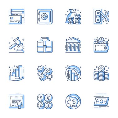 Finansal ve bankacılık hizmeti doğrusal vektör simgeleri ayarlandı. Para kredisi, depozito ve kredi çizgileri izole edilmiş paketler. Domuz kumbarası, kazanç yatırımı, tasarruf çizgisi çizimleri