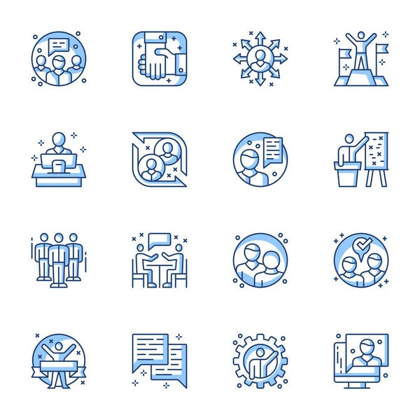 ビジネスパートナーシップと協力線形ベクトルアイコンを設定します。企業セミナーのメンバーは、ビジネスマンの合意の輪郭記号孤立パック。握手、ディスカッションコンターイラスト集 — ストックベクタ