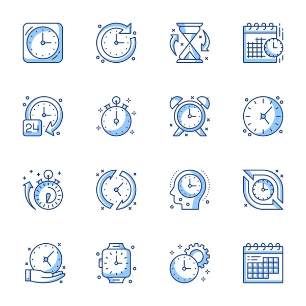 Gestion du temps icônes linéaires réglées. Calendrier, horloge, sablier symboles de contour isolé pack. Planification et planification des pictogrammes. Alarme, notification ligne mince collection d'illustrations — Image vectorielle