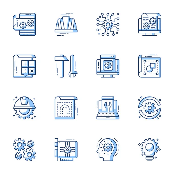 Conjunto de iconos vectoriales lineales de ingeniería y maquinaria. Cogwheel, plano, construcción de edificios borrador contorno símbolos paquete aislado. Industria y fabricación colección de ilustraciones de línea delgada — Vector de stock