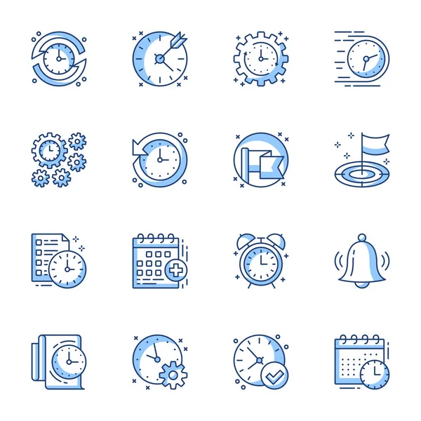 Ensemble d'icônes linéaires de gestion de temps et de projet. Calendrier, cloche, symbole de contour d'alarme pack isolé. Planification et planification des pictogrammes. Événement, notification de tâche collection d'illustrations en ligne mince — Image vectorielle