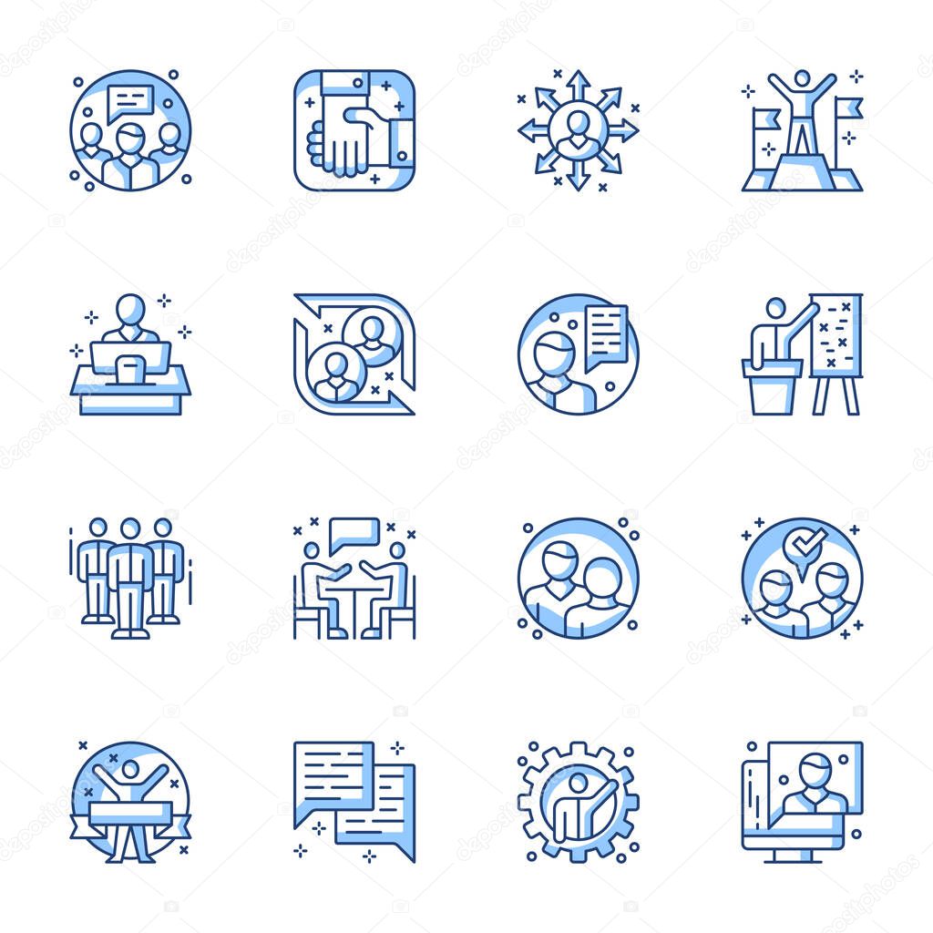 Business partnership and cooperation linear vector icons set. Corporate seminar members, businessmen agreement contour symbols isolated pack. Handshake, discussion contour illustrations collection